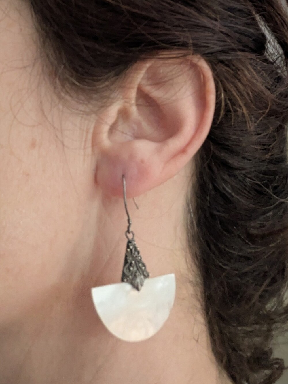 Vintage Boho Sterling Silver Mezzaluna Mother of Pearl Dangle Earrings - Picture 2 of 7